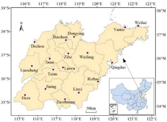Figure 1. The location of Shandong province in China and the spatial distribution of its prefecture-level cities 