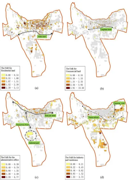 Figure 3. Spatial visualization of floor area ratio of four types of construction land