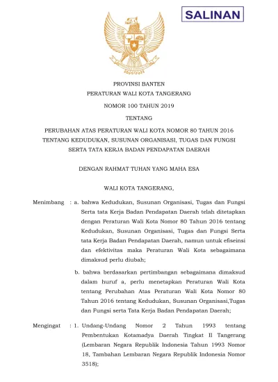 PROVINSI BANTEN PERATURAN WALI KOTA TANGERANG NOMOR 100 TAHUN 2019 TENTANG