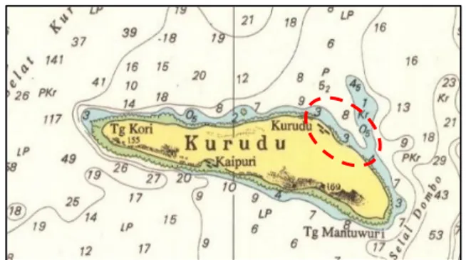 Gambar 1 Peta kedalaman laut di sekitar Pantai Kurudu 