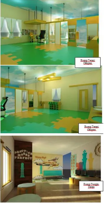 Gambar  berikut  menampilkan  hasil  desain  dari  ruang  kelas,  ruang  terapi,  dan  ruang  tunggu  yang  ada  di  YPAC  semolowaru si publikasi dapat dilihat pada Gambar 3