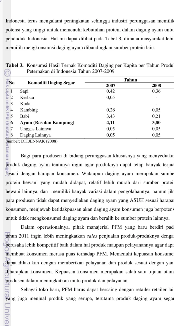 Tabel 3.  Konsumsi Hasil Ternak Komoditi Daging per Kapita per Tahun Produk  Peternakan di Indonesia Tahun 2007-2009 