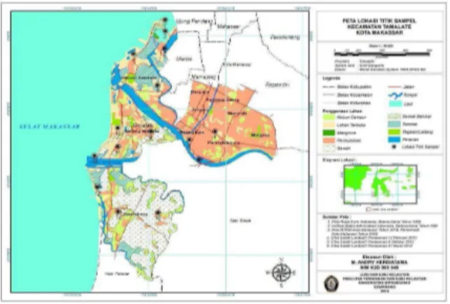 Gambar 4. Peta klasifikasi awal penggunaan  lahan pesisir Kecamatan Tamalate dan titik cek 