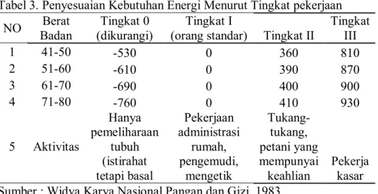 Tabel 3. Penyesuaian Kebutuhan Energi Menurut Tingkat pekerjaan  NO  Berat 