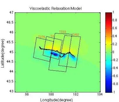 Figure 6. Optimal viscoelastic relaxation model (with upper  layer thickness 10 km, viscosity 9×1019 Pa s) for the Gobi-Altai fault