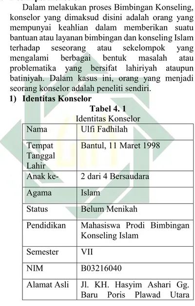Tabel 4. 1  Identitas Konselor Nama   Ulfi Fadhilah  Tempat 