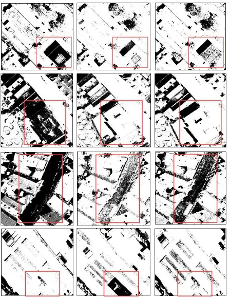 Figure 6. The shadow detection images for the four cases listed in Figure4 from Amersfoort with different approaches