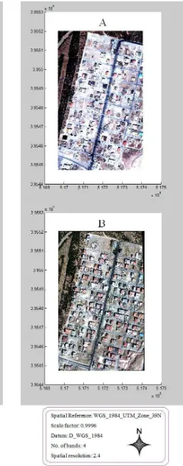 Figure 3. The first satellite image of IRS-P5 acquired at June 3,  2010 (A), and the second satellite image of IRS-P5 acquired at October 3, 2010 (B) 