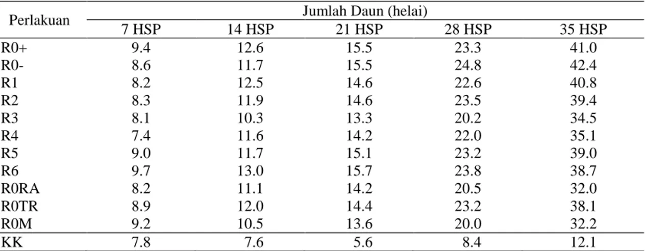 Tabel 6. Pengaruh biopriming benih terhadap jumlah daun 7-35 hari setelah pindah tanam (HSP) di polibag 