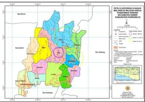Gambar 1. Peta ​cluster​ kasus malaria di wilayah kerja puskesmas Winong Kabupaten Purworejo Tahun 2016 