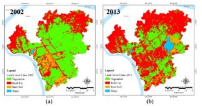 Figure 2.Landsat images for year 2002 (a), and 2013 (b)
