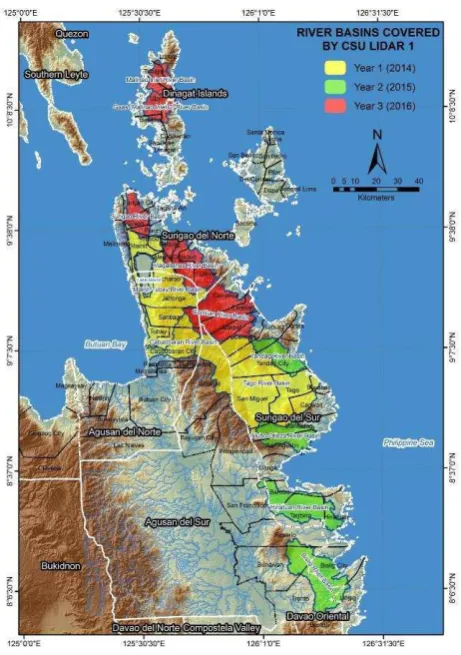 Figure 1. The twelve river basins in Caraga Region, Mindanao, Philippines covered by the Flood EViDEns application