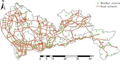 Figure 1. Spatial distribution of weather station and road  network in Shenzhen 