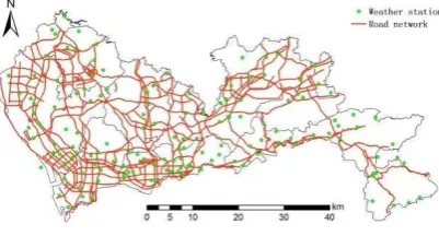 Figure 1. Spatial distribution of weather station and road  network in Shenzhen 