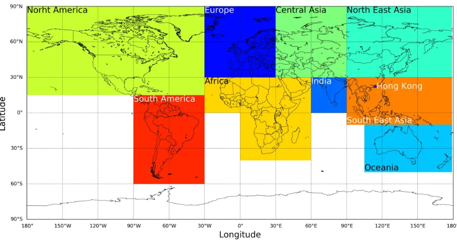 Figure 1. Emission source regions of biomass burning in the model. The asterisk marker indicates the location of Hong Kong.