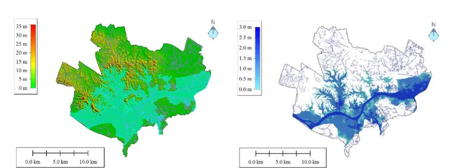 Gambar 7. Potensi genangan banjir 100 tahun di sepanjang Sungai Musi (Sumber: Hasil analisis) 