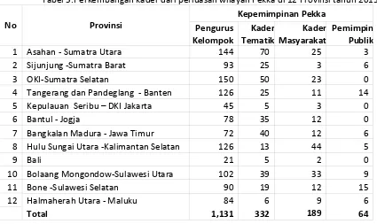 Tabel 5. Perkembangan kader dari perluasan wilayah Pekka di 12 Provinsi tahun 2013  