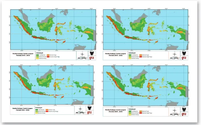 Figure 4.5 Landslide risk, SRA2, from top left clockwise: 2010-2015 period, 2015-2020, 2020-2025, and 2025-2030