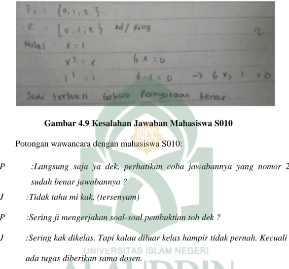 Gambar 4.9 Kesalahan Jawaban Mahasiswa S010  Potongan wawancara dengan mahasiswa S010: 