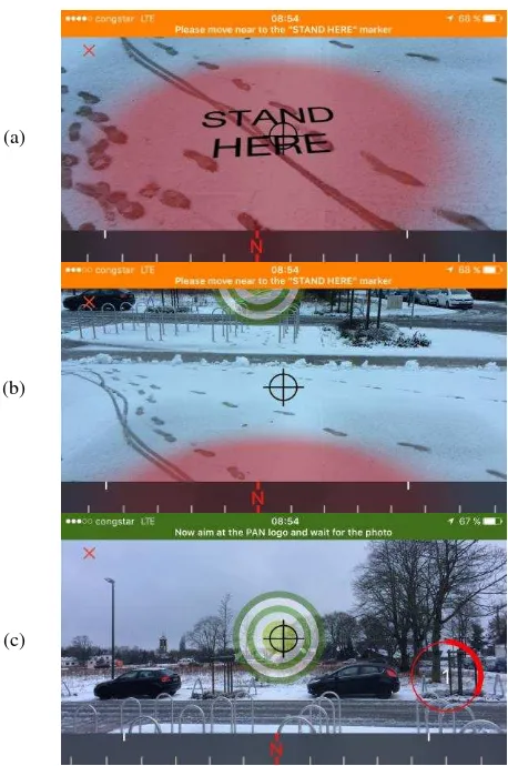 Figure 3. Augmented guiding to the virtual photo location (a), target (b) and automatic photo triggering (c)