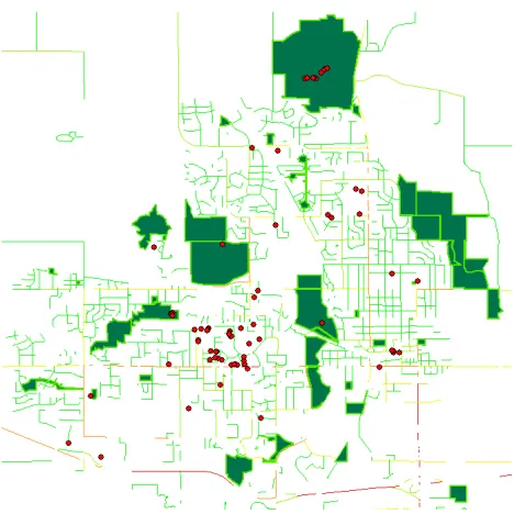 Figure 5. Power places in Ames in relation to green areas 