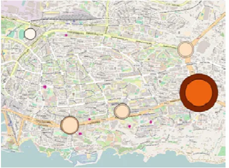 Figure 4: Point symbols showing the number of visitors per weeks (backdrop map © OpenStreetMap 2017) 