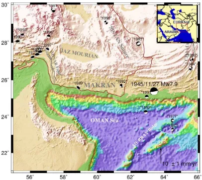 Figure 1. 3D topographic map of Makran region with a focal  mechanism of earthquakes with Mw≥6 from Harvard’s catalogue (Dziewonski et al., 1983)