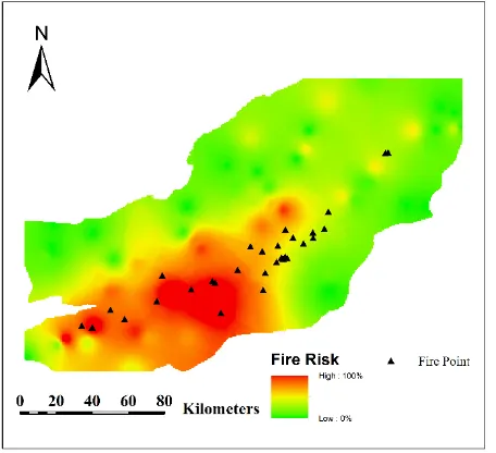 Figure 6. Fire risk map provided by GWR method 