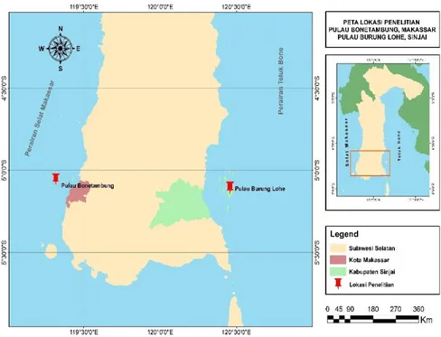 Gambar 1. Peta lokasi penelitian Pulau Bonetambung, Makassar dan Pulau Burung Lohe, Kabupaten Sinjai 
