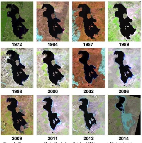 Figure 2. Changes in area of Lake Urmia from October 1972 to August 2014, derived from LandSat imagery (A