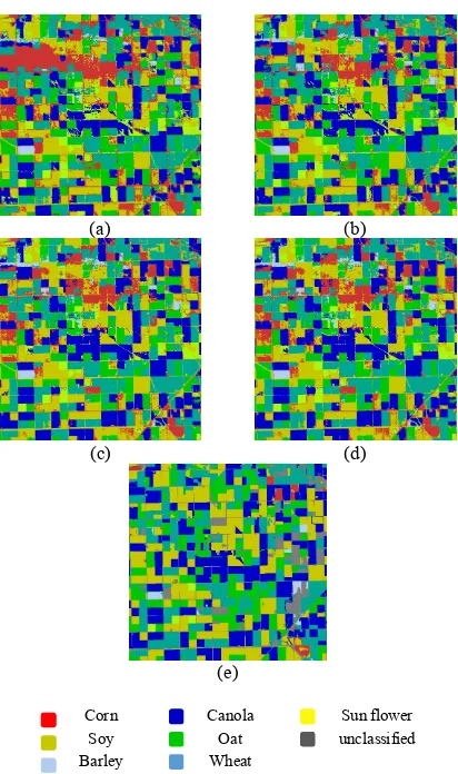 Figure 4. Classification maps of S1 data set obtained from a) Standard method; b) MKL-sum; c) SimpleMKL; d) GMKL; and e) ground truth