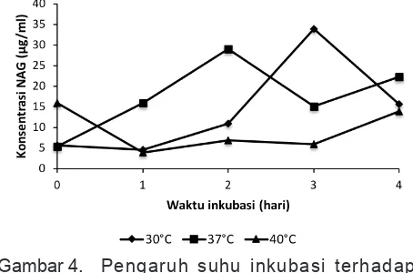 Gambar 5.  Pengaruh suhu inkubasi terhadap aktivitas kitinase (U/ml) yang dihasilkan oleh Serratia marcescens PT-6 selama 4 hari inkubasi.