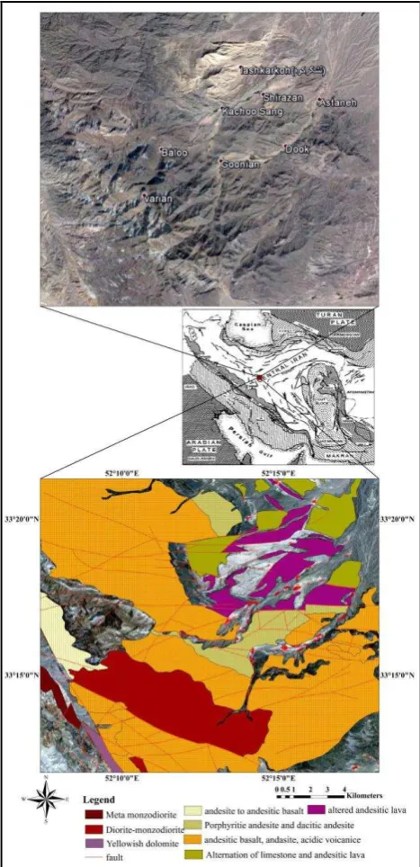 Figure 2. Geological Map of Igneous Rocks in Ardestan area (with RGB color composite of 1, 2 and 3 ASTER bands)