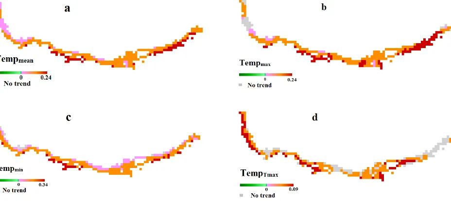 Figure 5: Significant trends at 90% confidence level using Mann Kendall trend tests in average of temperature (a), maximum temperature (b), minimum temperature (c), date of maximum temperature (d)
