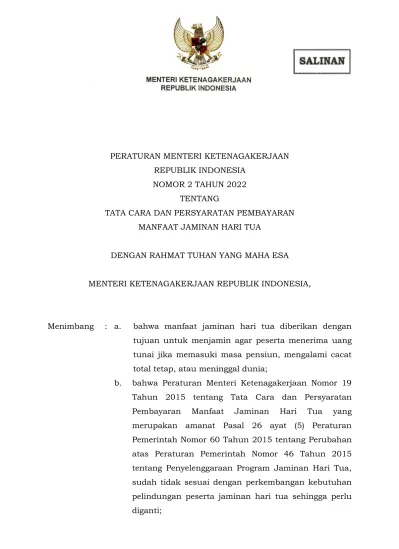 PERATURAN MENTERI KETENAGAKERJAAN REPUBLIK INDONESIA NOMOR 2 TAHUN 2022 ...