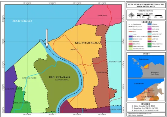 Gambar 1. Peta muara Krueng Aceh lokasi penelitian (tamda panah menunjukkan lokasi  sampling) 