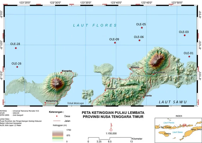 Gambar 1. Peta Topografi Pulau Lembata sebagai peta lokasi penelitian menggunakan citra DEM (modifikasi dari Hernawan, dkk., 2017)