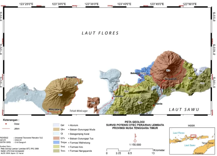 Gambar 2. Peta Geologi Pulau Lembata (Noya &amp; Kusumadinata, 1990) yang telah dimodifikasi Hernawan dkk., (2017).