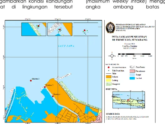 Gambar  1.  Peta  Lokasi  Penelitian  Analisa  Kandungan  Logam  Berat  Kromium  (Cr)  pada  Air,  Sedimen dan Kerang Hijau (Perna viridis) di Perairan Trimulyo Semarang