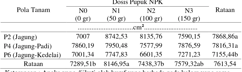 Tabel 4. Luas daun jagung pada sistem tumpang sari dan pemberian pupuk NPK 