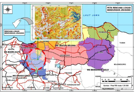 Gambar 1. Peta Lokasi DAS Jragung terletak di bagian utara Jawa Tengah yang melintasi 4  kabupaten yaitu  Kabupaten  Demak  (65.145,98  Ha),  Semarang  (25.931,55  Ha),  Grobogan 