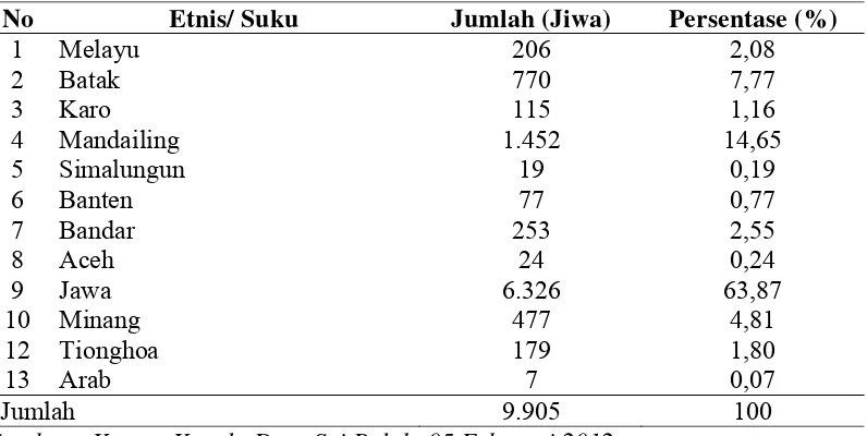 Tabel 5. Jumlah Penduduk Menurut Etnis/ Suku di Desa Sei Buluh, Tahun 2011 