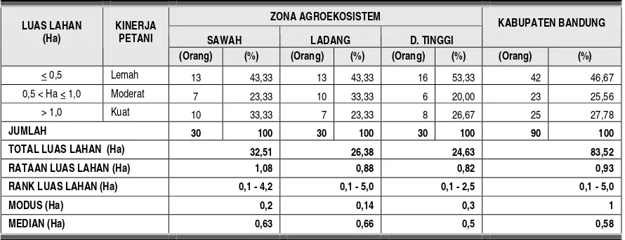 Tabel 3.2.  Kinerja Petani Pada Tiap-Tiap Zona Agroekosistem di Kabupaten Bandung Berdasarkan Luas Penguasaan Lahan,  Tahun 2004