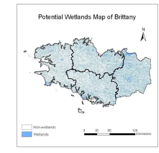 Gambar 14. Peta lahan basah potensial dengan pengaplikasian indeks topografi terbaik di Bretagne, Peramcis 
