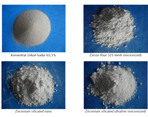 Gambar 4. Beberapa jenis produk lanjut dari pasir zirkon yang diproduksi oleh PT. DLS