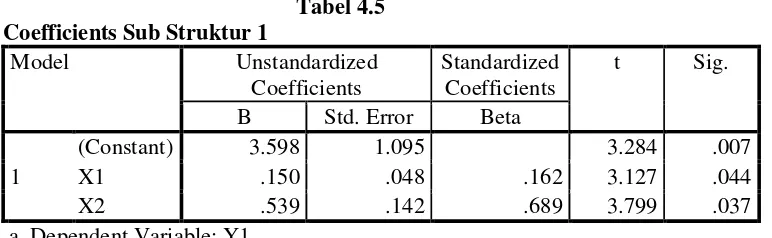 Tabel 4.5 Coefficients Sub Struktur 1 