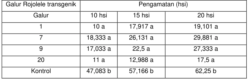 Table 3. Intensity of pada  10, 15, dan 20 hsi. R. solani infection (%) on the four transgenic lines and control at 10, 