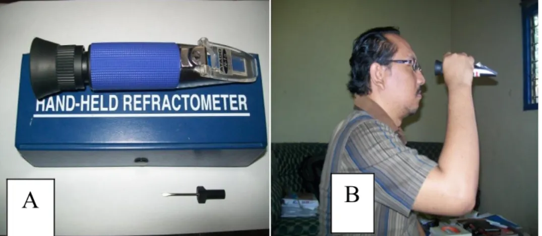 Gambar 10. Alat refractometer yang digunakan untuk mengukur kadar gula (A), Pembacaan skala dengan meneropong dan mengarahkan pada tempat yang terang (B).