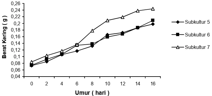Gambar 1. Kurva  pertumbuhan kalus G. hirsutumFigure 1. Growth curve of  pada subkultur 5, 6, dan 7 G