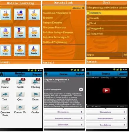 Gambar 6 Tampilan aplikasi m-Learning berbasis Java ME LWUIT (Atas) dan berbasis Android (bawah) 